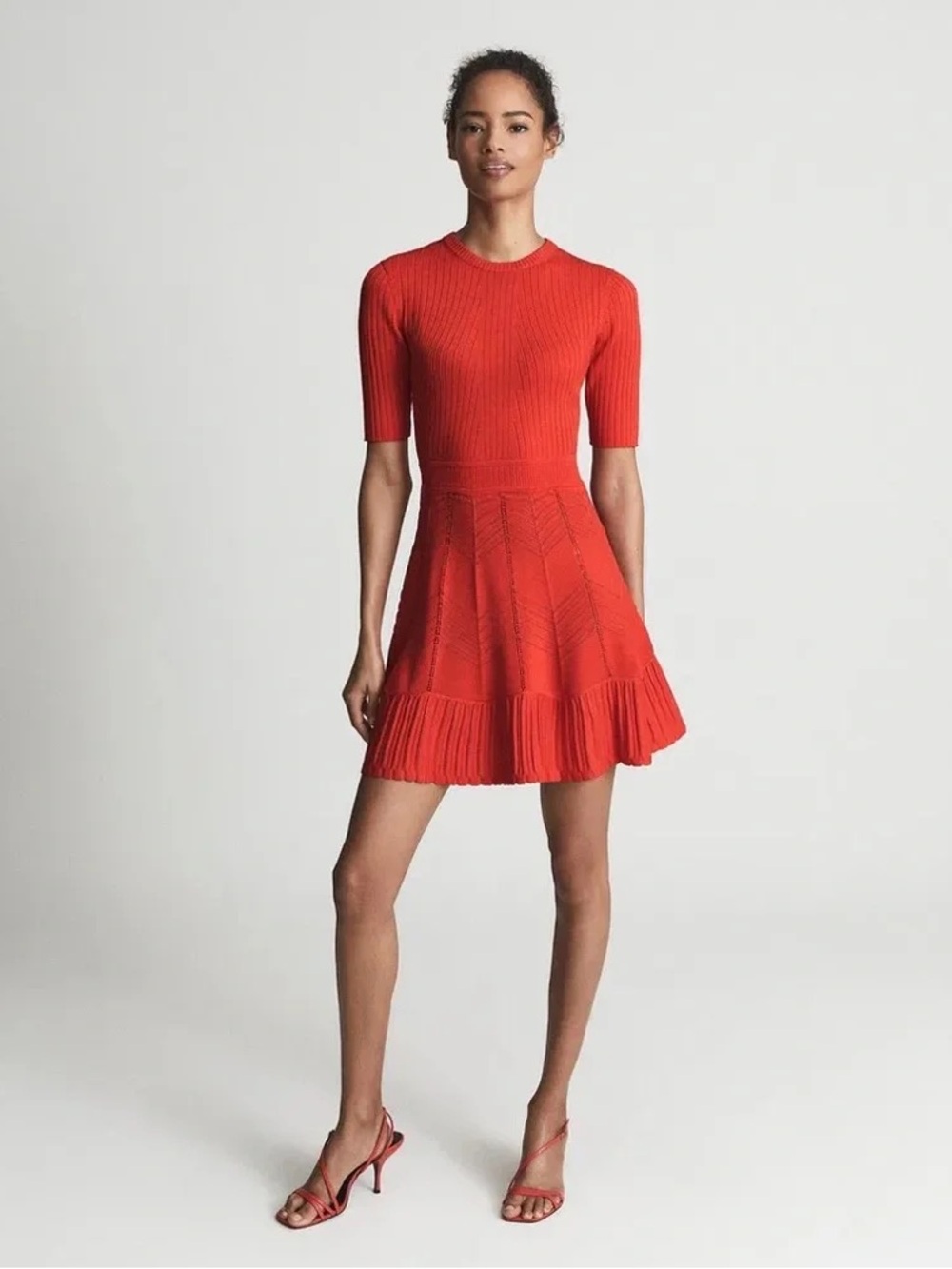 Reiss Josie Knitted Flippy Mini Dress in Coral, Size Small